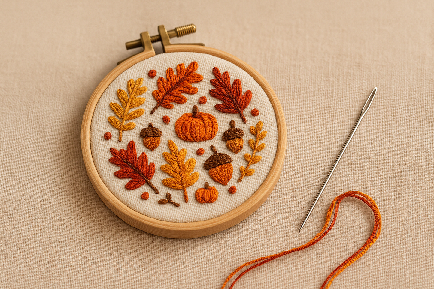mini embroidery hoop fall theme with needle