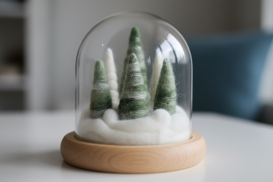 simple snow globe with winter needle felted trees inside