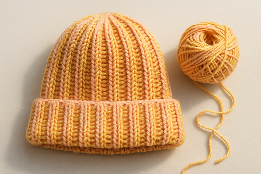 ribbed crochet toque with vertical strips and ball of yarn, make it pink or yellow