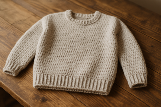 simple crochet sweater on wooden table neutral colors
