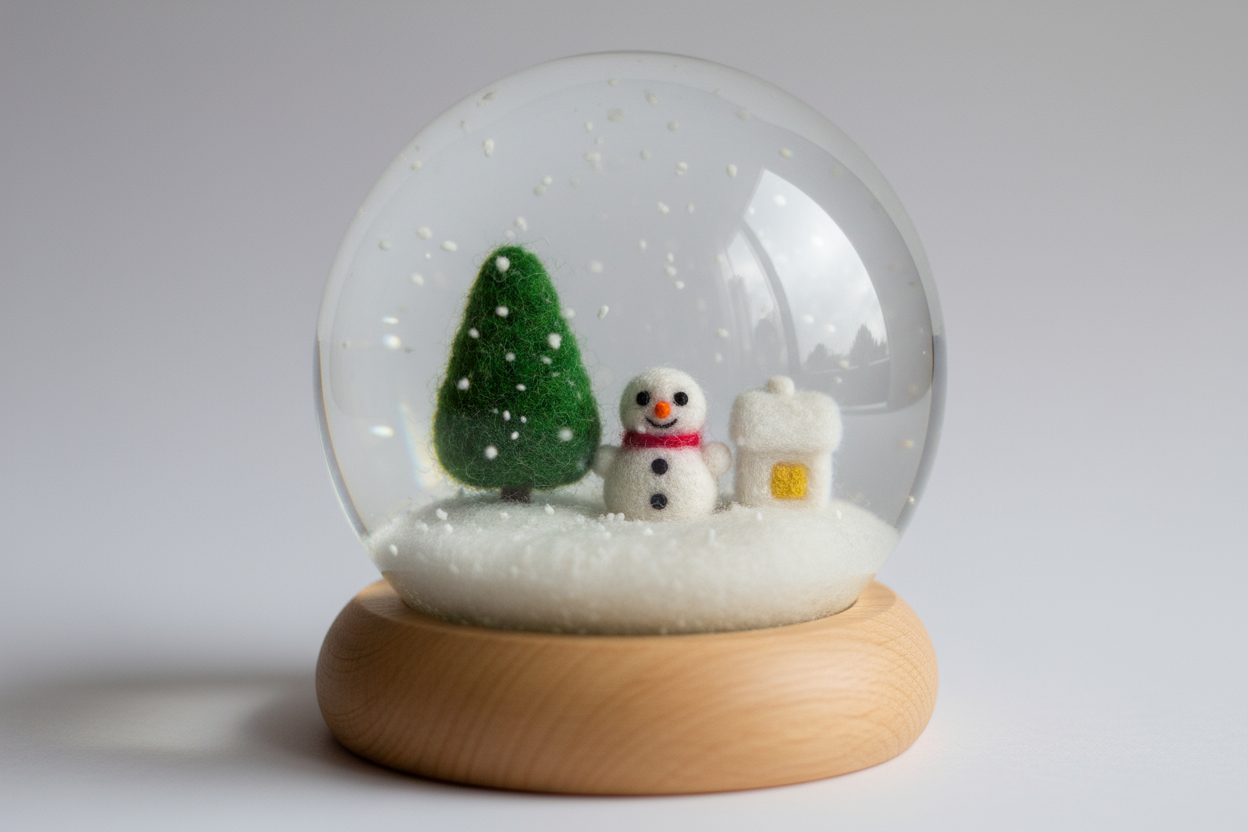 simple snow globe with needle felted winter scene inside